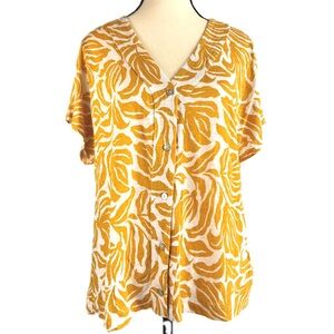 Nicole Miller Linen Blend Button Down Tropical Print Short Sleeve Summer Top XL‎